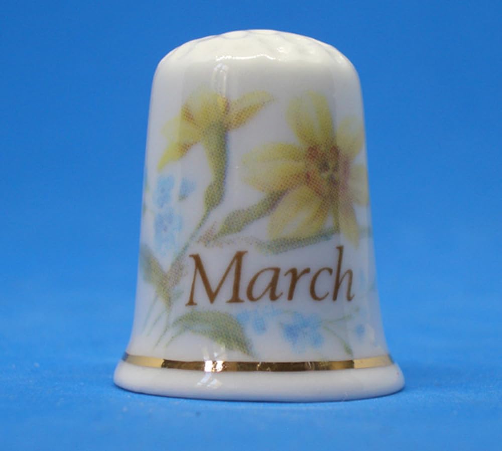 Birchcroft Porcelain China Collectible Thimble - Flower of Month March - Dome Box
