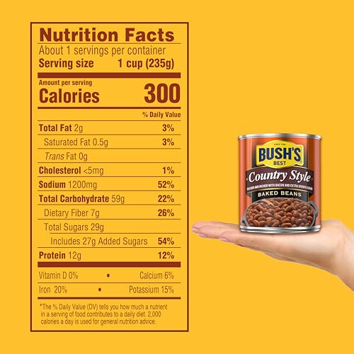 Image of BUSH'S BEST 8.3 oz Canned Baked Beans, Country Style with Bacon and Brown Sugar, Source of Plant Based Protein and Fiber, Low Fat, Gluten Free, (Pack of 12)
