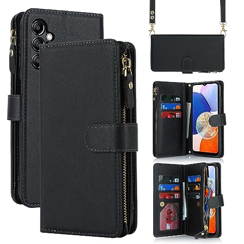 Jaorty Fit for Samsung Galaxy A14 (5G 2023) Wallet Case for Women & Men with Strap,Galaxy A14 Crossbody Phone Case with Card Holder,Shoulder Lanyard,Zipper PU Leather Case 6.6