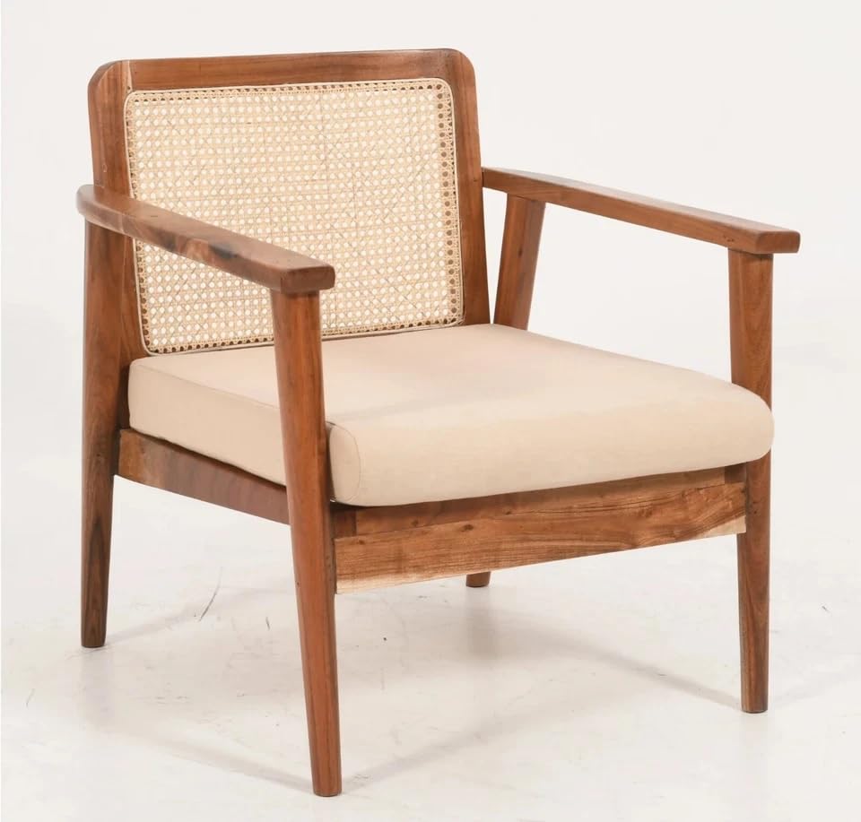 Image of LSGF Mangz Wooden Lounge Chair with Rattan Cane Back | Solid Wood Accent Chair with Cushion | Mid Century Modern Armchair for Living Room, Bedroom & Office (Natural Teak)
