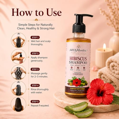 Image of Hibiscus Hair Growth Shampoo | 12 Ayurvedic Herbs with Hibiscus, Brahmi, Amla, Bhringraj, Reetha, Shikakai & Aloe Vera | Sulfate & Paraben Free | Helps Reduce Hair Fall & Dandruff | Nourishes Scalp for Healthy, Smooth Hair | For Women & Men | 200 ml