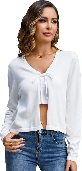 Womens Tie Up Cardigan Sexy V-Neck Lace Up Open Front Shrug Sweaters Casual Long Sleeve Rib Knit Cardigan Crop Top