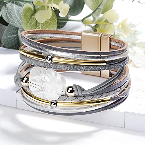 Fesciory Leopard Bracelet For Women, Boho Leather Wrap Multi-Layer Pearl Crystal Bracelet Bangle Jewelry(Gray Leather(Pearl)) #TOP3