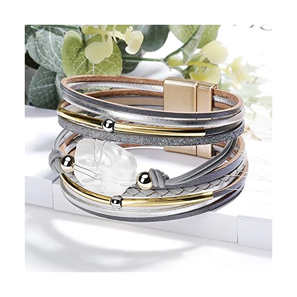 Fesciory Leopard Bracelet for Women, Boho Leather Wrap Multi-Layer Pearl Crystal Bracelet Bangle Jewelry(Gray Leather(Pearl))