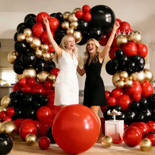 Image of Red Balloons Arch Kit 155Pcs Black Gold Metallic 18 10 5 Inch | Red Different Sizes Latex Balloon Garland for Birthday Anniversary Graduation Party Decorations