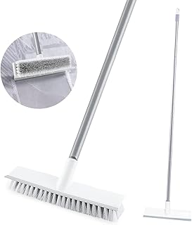 Floor Scrub Brush with Long Handle 54'- Stiff Bristle 2 in 1 Shower Scrubber with Squeegee Cleans Kitchen, Wall, Tile, Grout, Tub and Carpet, Brush Broom Scrubbing Garage, Patio Deck
