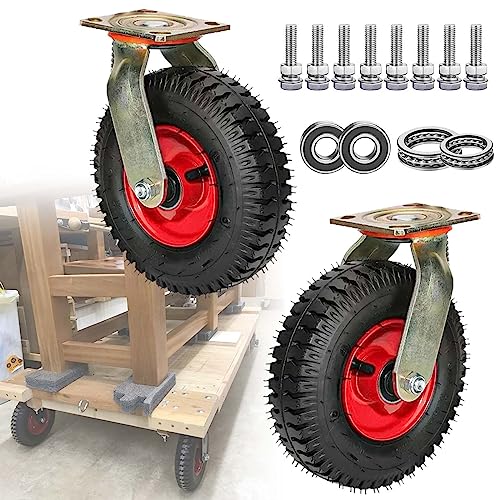 重荷重対応ダブルベアリング、 回転、固定、ブレーキ付きゴムキャスターホイール2個パック、ネジ付き、8〜10インチ(Swivel,8"(200mm))