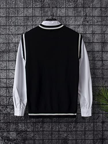 Oyoangle Men's Skull Print Striped V Neck Sleeveless Knitted Pullover Sweater Vest Black L #TOP1