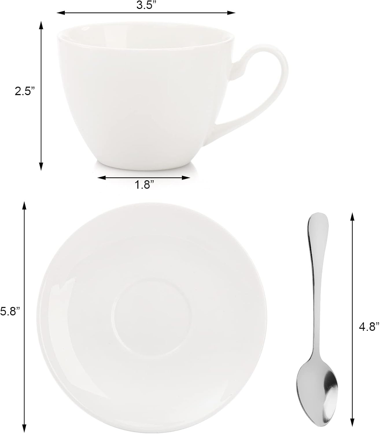 Foraineam Espresso Cups with Saucers and Spoons, 6 oz White Tea Cup Set, Porcelain Coffee Cup and Saucer Set with Stainless Steel Spoon for Specialty Coffee Drinks, Latte, Cafe Mocha and Tea, Set of 6