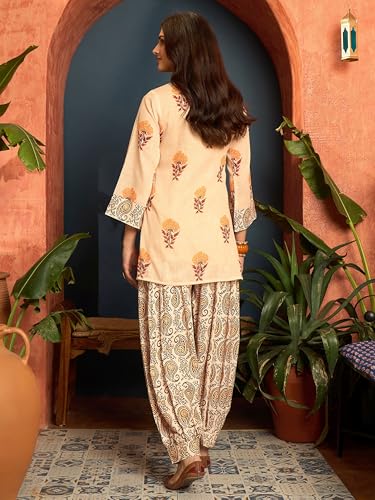 Image of EthnicJunction Women's Linen Floral Print Summer Wear Straight Short Kurti With Afghani Pant Set | Co Ord Set for Women Stylish | Fusion wear Women