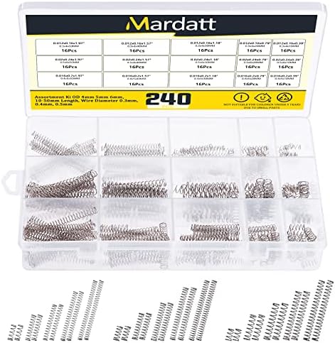 240 Pcs 15 Sizes Compression Springs Assortment Kit Mini Stainless Steel Springs for Repairs with Case, OD 4mm 5mm 6mm, 10-50mm Length, Wire Diameter 0.3mm, 0.4mm, 0.5mm
