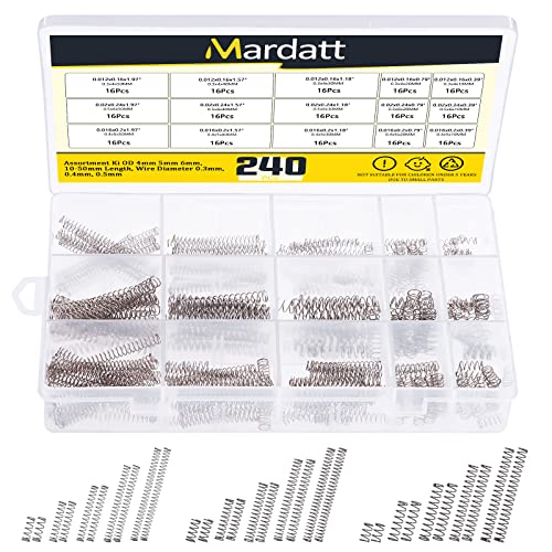 Mardatt 240 Stück 15 Größen Druckfedern Sortiment Kit Mini Edelstahlfedern für Reparaturen mit Koffer, OD 4 mm, 5 mm, 6 mm, 10-50 mm Länge, Drahtdurchmesser 0,3 mm, 0,4 mm, 0,5 mm Cover