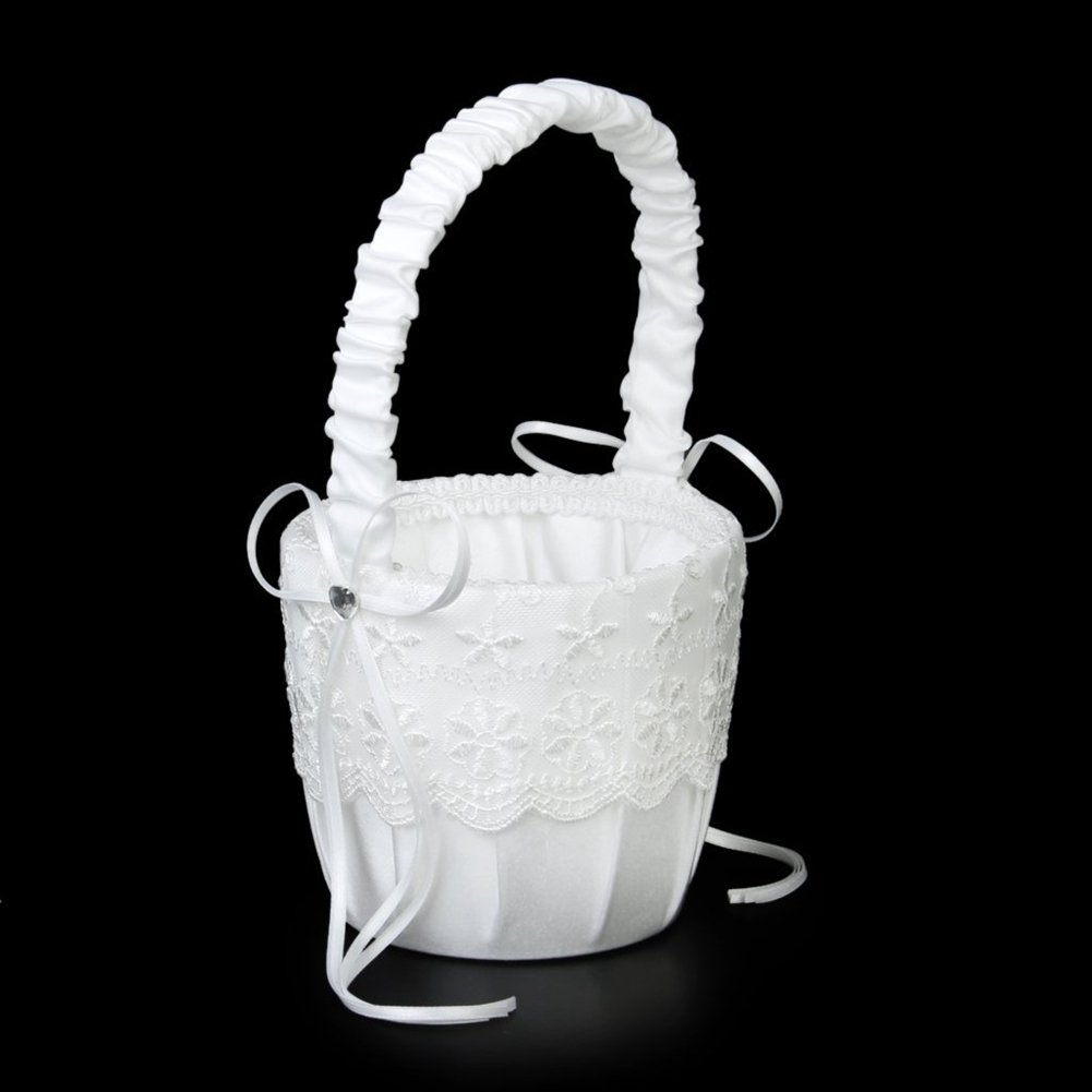 Blumenmädchen-Korb Aus Satin – Elfenbein, Mit Perlen Und Strass, Perfekt Für Hochzeiten