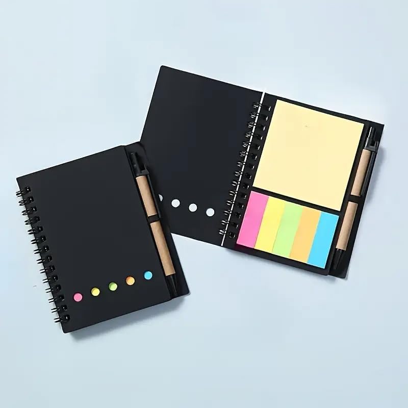 1 Pack Pocket Spiral Sticky Notes Notebook with Pen Holder, Multi-Color Self-Adhesive for Quick Messages and Reminders, 4.1"x5.3", Compact & Portable, Black