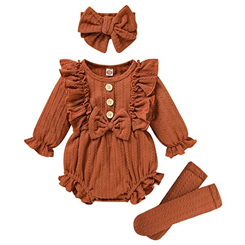 Image of GRNSHTS Newborn Baby Girl Clothes Ruffle Solid Sweater Long Sleeve Romper+Hairband+Socks 3Pcs Fall Winter Outfits