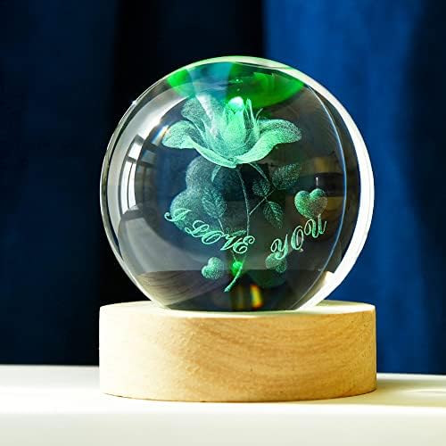 IFOLAINA 3D Rose Crystal Ball I Love You Gifts for Her Girlfriend Featuring a Decorative Crystal Ball with 3D Rose Laser Engraving Inside Rose Gifts for Wife Glass Ball with LED Base