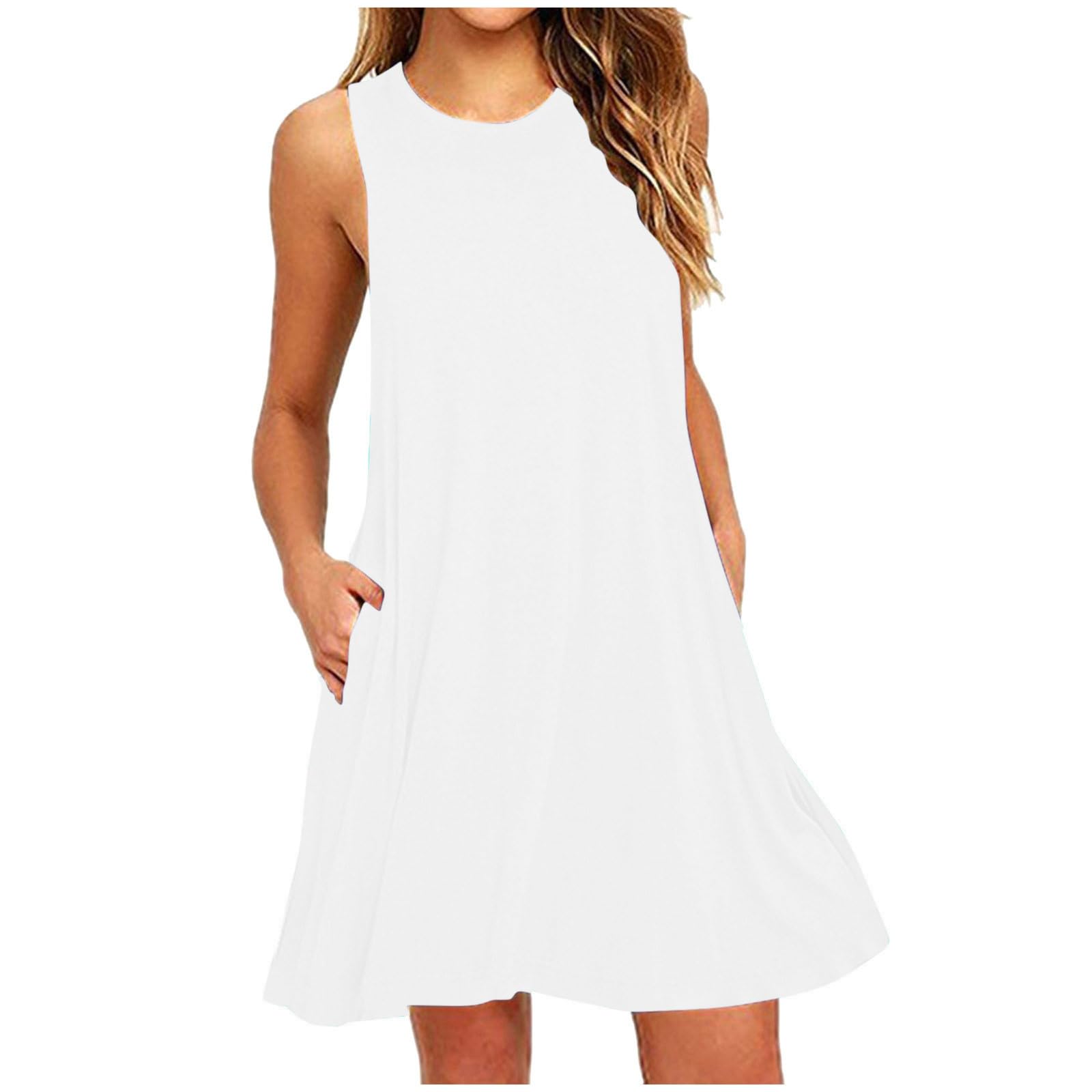 Womens Beach Vacation Sundress 2025 Summer Casual Round Neck Cute Mini Dress with Pocket Sleeveless Tank Dresses
