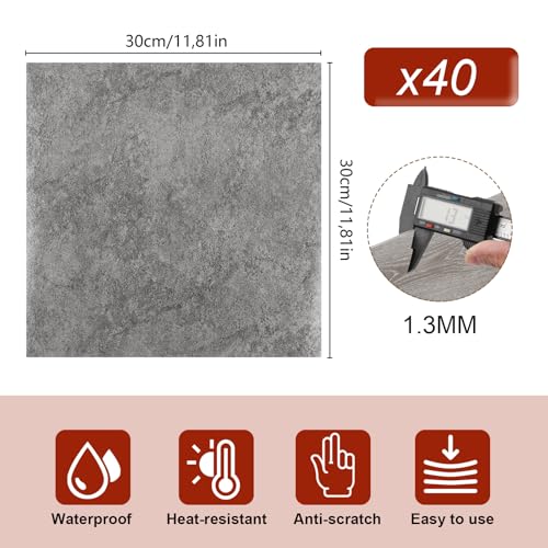 CYEER 40 Stück 30x30CM PVC Bodenbelag Selbstklebend Rutschfest Klebe Vinylboden Selbstklebend Selbstklebender Vinylboden Boden Selbstklebend für Küche, Wohnzimmer, Badezimmer(Grau Marmoriert)