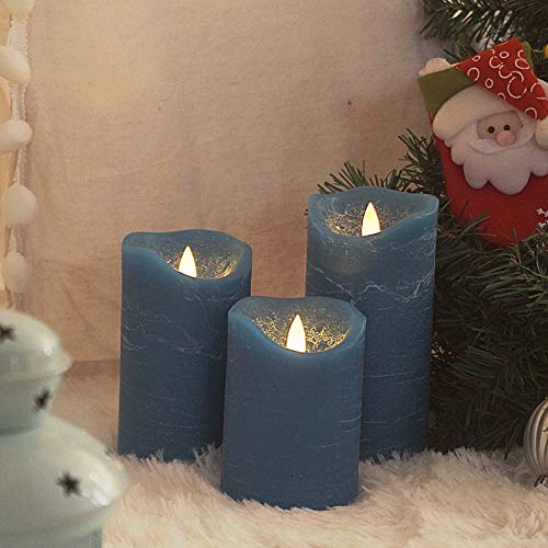Image of iZAN 3 Pack Real Wax Flameless Candles Battery Operated LED Pillar Flickering Realistic Electric Candle Gift Sets with Remote Control and Cycling 24 Hours Timer 3 inchD X 4 inch 5 inch 6 inch H (Blue)