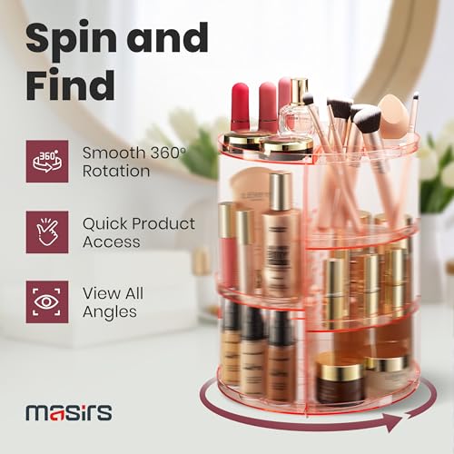 Image of Masirs Rotating Makeup Organizer for Vanity, Large 360 Spinning Cosmetic & Skincare Organizer, Adjustable Shelf Height, Perfume Stand, Countertop Storage for Bathroom or Bedroom, Pink