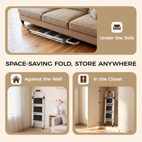 Image of HBTower 3 Step Ladder, Heavy Duty Step Stool with Anti-Slip Pedal and Feet, Folding Step Stool for Adults, Comfortable Handrail, Portable Ladder for Home Kitchen Garage Outdoor, 330 Lbs, White