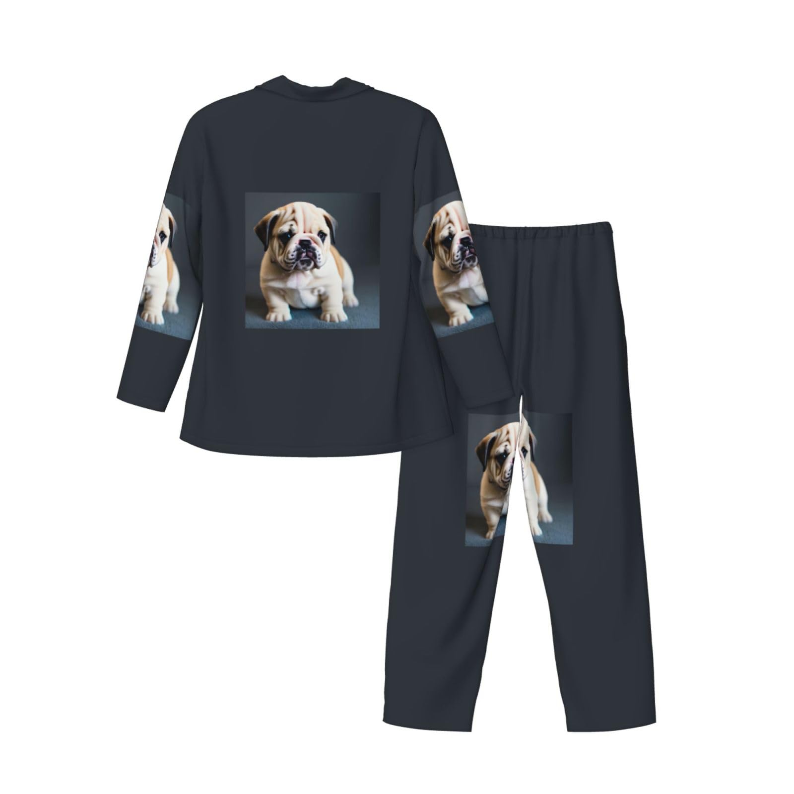 Cute Bulldog Puppy 1 Stampa Uomini Manica Lunga Pigiama Set Sleepwear Due Pezzi Lounge Set Traspirante Nightwear