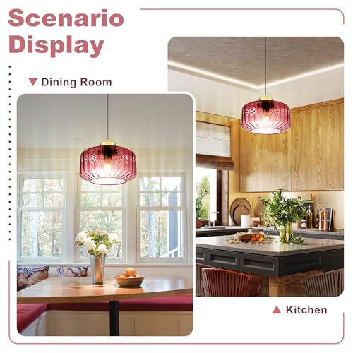 Image of Purple Glass Plug in Pendant Light 11.02 Inch with Gold Mount & Striped Shade, Adjustable Hanging Light Vintage Ceiling Lighting Fixture for Girls Room, Bedroom, Kitchen, Dining Table