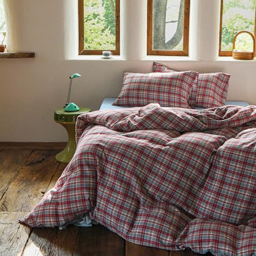 Image of EAVD Vintage Style Red&Blue Gingham Duvet Cover King Soft 100% Cotton Muslin Yarn-Dyed Textured Retro Grid Plaid Bedding Set Reversible British-Style Gingham Bedding Set with Zipper Closure