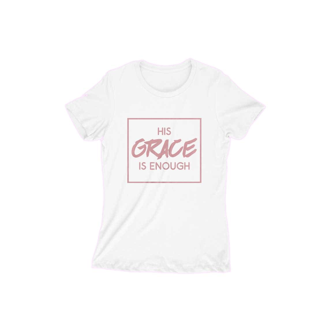 HopeGiftsWomen's Cotton Round Neck Christian T-Shirt/His Grace is Enough/White - Rose Gold Font/Short Sleeve/XS