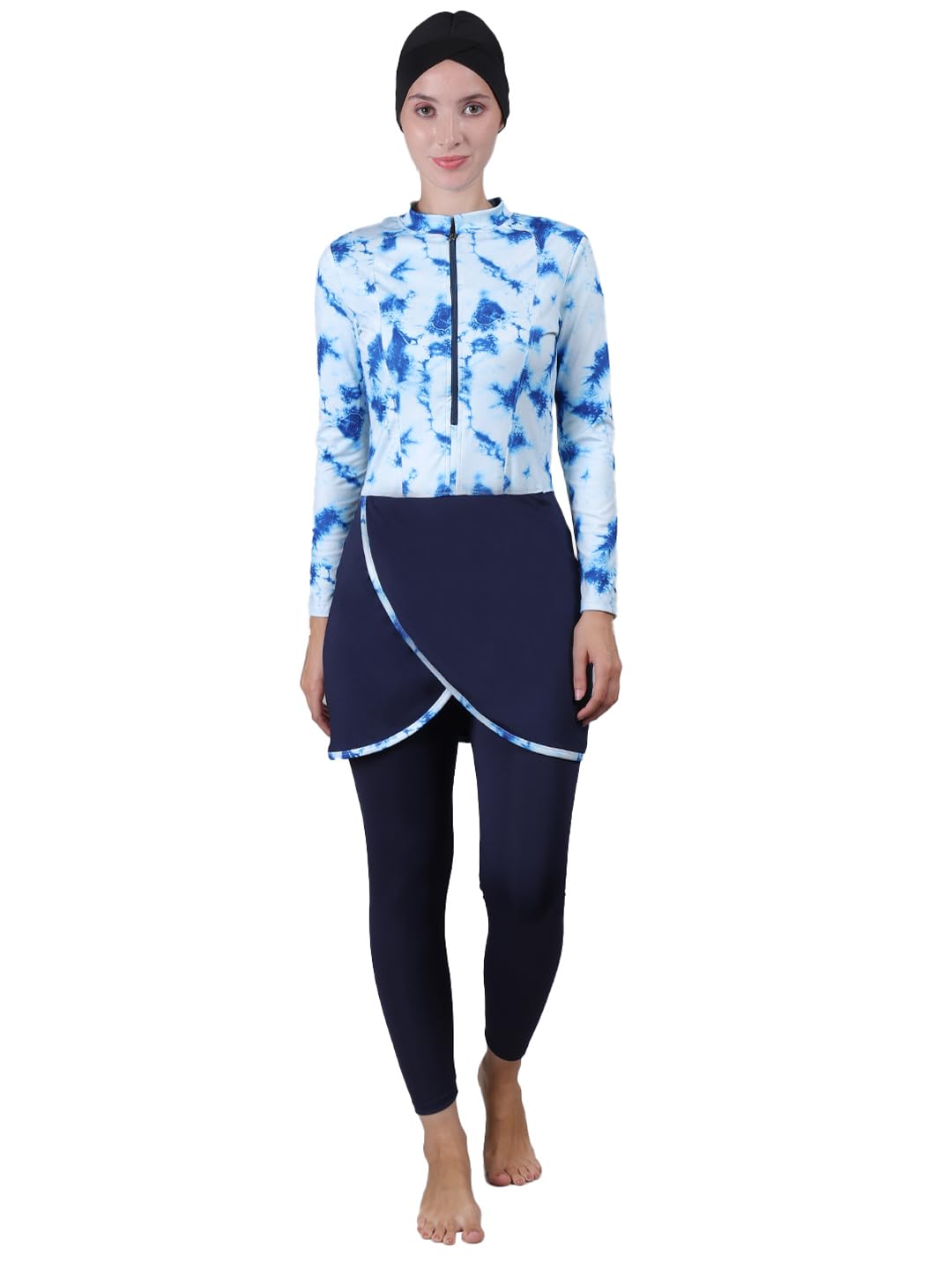 MEGASKAWomen 3 Piece Printed Modest Muslim Swimsuit Full Coverage Removable Chest Pads Islamic Swim Hijab Cap Swimming Costume Burkini Swim Suit Swimwear