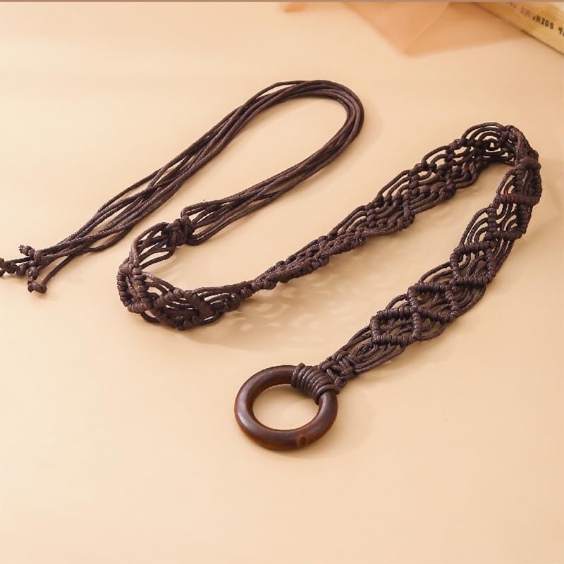 Brown Woven Belt with Ring Clasp Boho Beaded Braided Belt for Women Long Tassel Waist Belts Bohemian Rope Tie Belts for Dress4