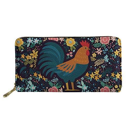 Grand portefeuille en cuir avec fermeture éclair WELLFLYHOM imprimé poulet floral pour femme