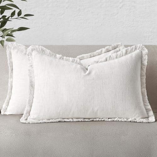 Image of MIULEE Decorative Lumbar Throw Pillow Covers Neutral Linen Fringe Throw Pillows Set of 2 White Boho Farmhouse Cushion Covers with Tassels for Couch Sofa Bed Living Room Spring Decor 12x20 Inch