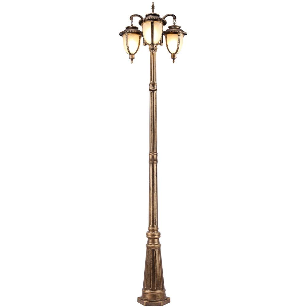 QUSYZD Lamp Post Lights Outdoor, Lamp Post Lights Outdoor, European Lawn Street High Pole Glass Pillar Light 3-Lights E27 Retro Outdoor Ip65 Waterproof Anti Rust Metal Aluminum,Brass-Height 260cm