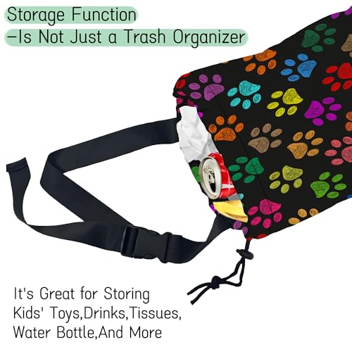 Image of Colorful Paw Prints Car Trash Bag,Hanging Drawstring Car Garbage Bag,Waterproof Canvas Car Back Seat Organizer with Adjustable Buckle,for Vehicles,SUVs,Camping,Road Trips