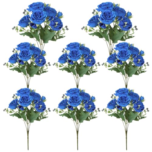 Image of 8 Pack Royal Blue Peonies Artificial Flowers, Faux Floral Fake Silk Hydrangea Bouquet for Bridal Wedding Home Table Decor Reusable Dining Opening Ceremony Birthday Arrangement