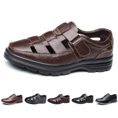 Large size fashion men's solid color retro head layer cowhide leather upper open toe sandals, comfortable non-slip hook-and-loop breathable beach shoes