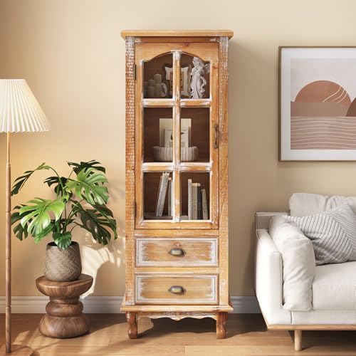 Image of Tall Storage Cabinet with Glass Door & 2 Drawers - Vintage Wood Display Cabinet, Single Door Cabinet with Shelves, Wood Storage Cabinet for Living Room (Solid Wood Frame + MDF)
