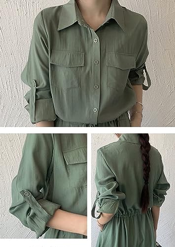 Image of Women Roll-Up Long Sleeve Button Down Shirt Midi Dress