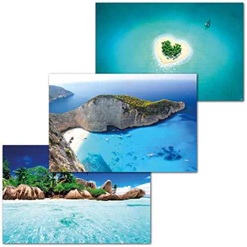 GREAT ART Lot de 3 Affiches XXL  Iles  Zakynthos ile Coeur Naufrage aux Seychelles Motif des Caraïbes Décoration Murale de Vacances intérieur Posters 140 x 100 cm chacun