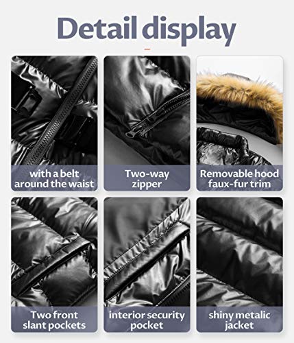 Creatmo Us Women's Metallic Puffer Parka Full Length Long Jacket Padded Thicken Coat With Fur Hood Black M #TOP5