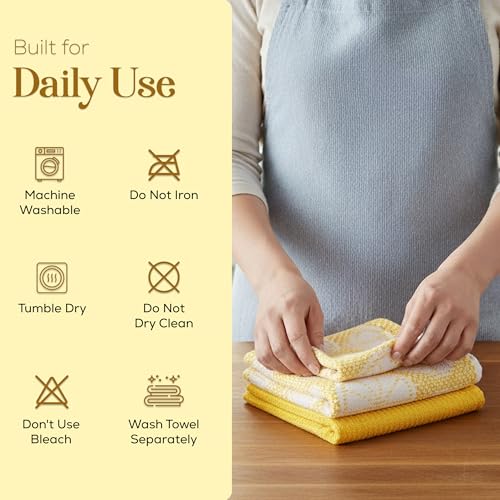 Image of Kitchen Towels Set of 4 Premium Hand Towels 18 x 28 Inch Large Tea Towels for Drying & Decor - Soft, Absorbent Cotton Yellow Ribbed and Lemon Citrus Weave Cute Hand Towels - Housewarming Gift