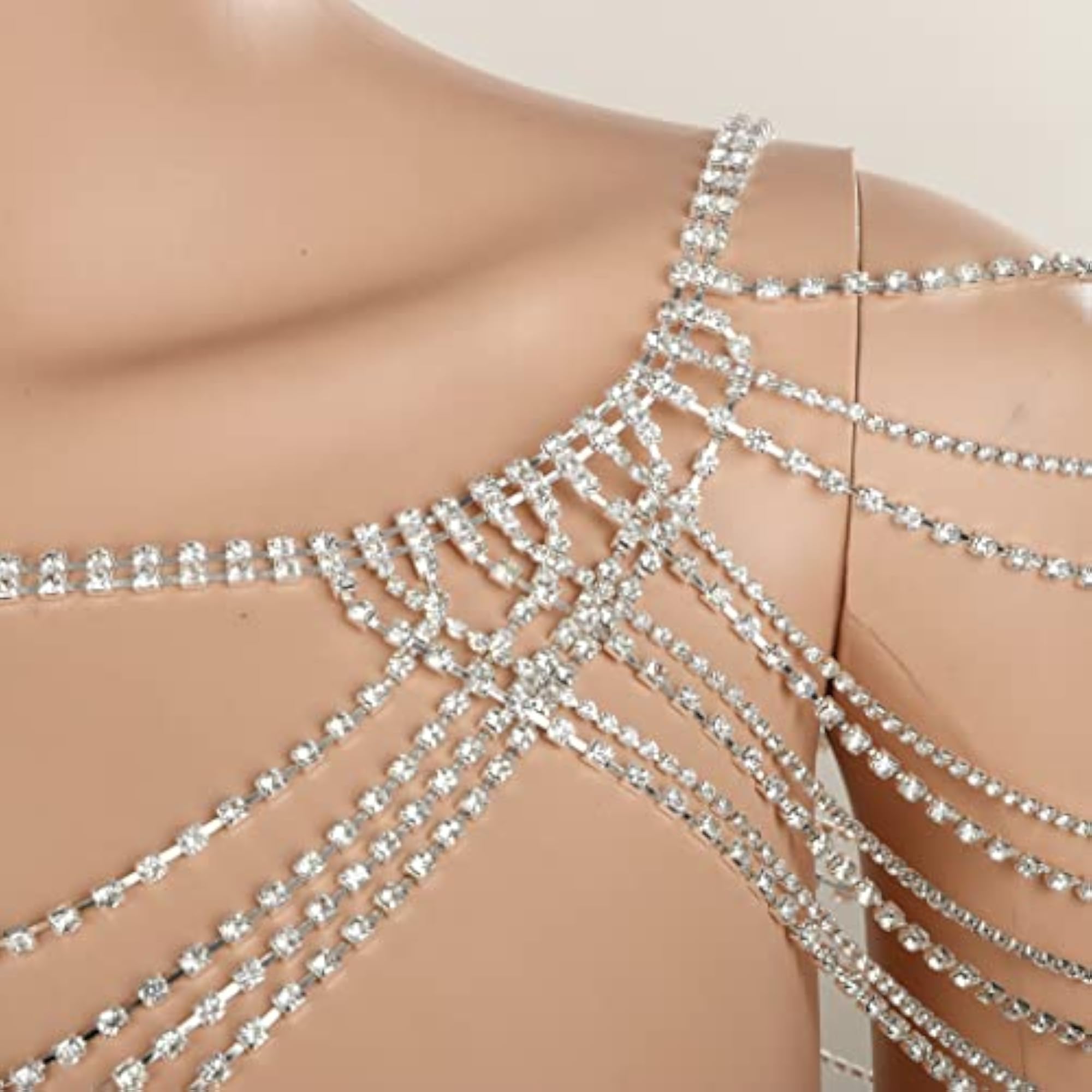Sparkly Silver Rhinestone Layered Shoulder Chain Body Jewelry