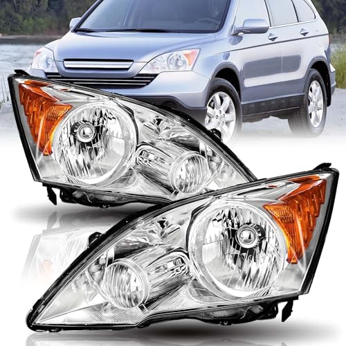 Headlights Assembly Compatible with 2007 2008 2009 2010 2011 Honda CR-V CRV EX EX-L LX SE Halogen Head Lamps Chrome Housing Amber Reflector Replacement for 33151SWAA01 33101SWAA01
