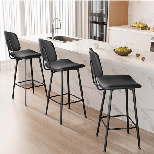Image of Raynesys 29-Inch Leather Bar Stools Set of 4 with High Backrest, Black