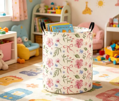 Image of Baby Laundry Basket Baby Nursery Hamper Kids Laundry Basket Toy Storage Bin for Boys Room Decor Gift Baskets for Bedroom Bathroom(Watercolor Flower)