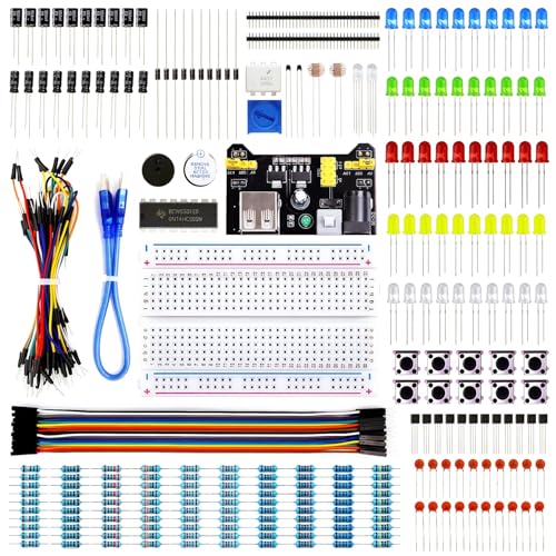 REXQualis Electronics Basic Kit w/Power Supply Module Breadboard Jumper Wire LED Resistor comes with more than 300pcs sensors and components for fun and simple electronic projects.
