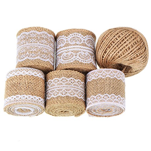 Whaline 11 Yards / 5 Rouleau Ruban en Toile de Jute avec Dentelle DIY et 1 Rouleau Ficelle pour Déco Mariage Artisanat