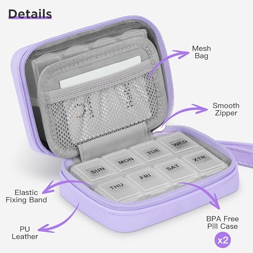 Image of Zannaki Cute Pill Organizer for Purse with Two Removable 7-Day Pill Box, Travel PU Leather Pill Case, Portable Weekly Pill Container with Storage Bag to Hold Vitamins, Fish Oils, Supplements (Purple)