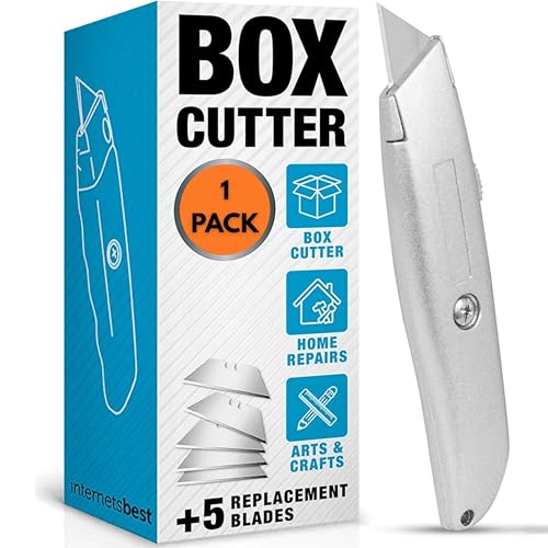 INTERNET'S BEST Premium Utility Knife | Retractable Box Cutter with Metal Handle | Heavy-Duty Cutting for Cardboard, Carpet, Plastic | Retractable Blade | Includes 1 Razor Knife & Extra Blades